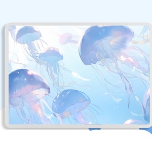 May include: A digital illustration of a group of jellyfish swimming in a light blue ocean. The jellyfish are translucent and have long, flowing tentacles. The background is a soft, pastel blue.