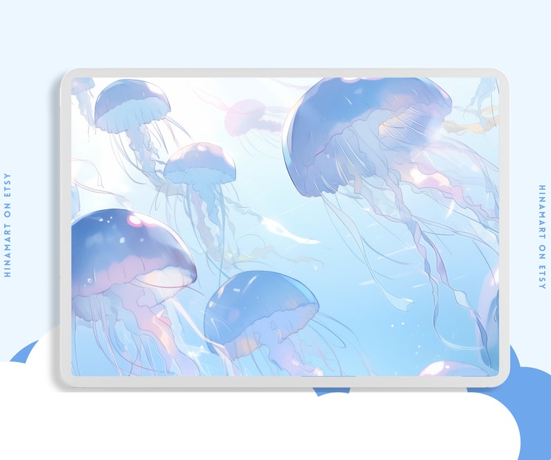 May include: A digital illustration of a group of jellyfish swimming in a light blue ocean. The jellyfish are translucent and have long, flowing tentacles. The background is a soft, pastel blue.