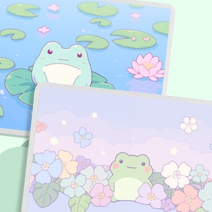 May include: Two digital illustrations of frogs in different settings. The first image shows a green frog sitting on a lily pad in a blue pond with lily pads. The second image shows a green frog sitting in a field of pastel flowers.