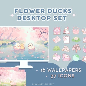Flor Patos Sakura Escritorio Conjunto Fondos De Pantalla Iconos Lindo Organizador De Escritorio Kawaii Pato Carpeta Icono Fondo Windows Mac Plantas Lofi Estética