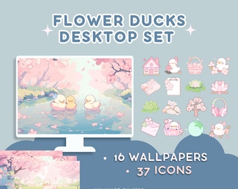 Flower Ducks Sakura Desktop Set Wallpapers Icons Cute Desktop Organizer Kawaii Duck Folder Icon Background Windows Mac Plants Lofi Aesthetic