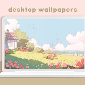 May include: A digital illustration of a white cottage with a red roof in a field of pink flowers. The cottage is surrounded by green trees and bushes. The sky is blue with white clouds. The image is a desktop wallpaper.