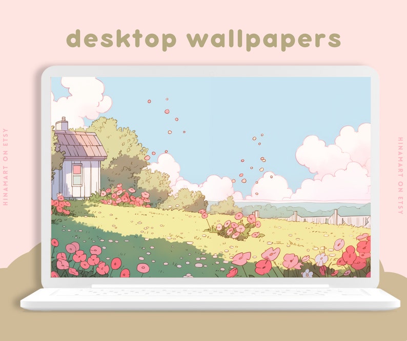 May include: A digital illustration of a white cottage with a red roof in a field of pink flowers. The cottage is surrounded by green trees and bushes. The sky is blue with white clouds. The image is a desktop wallpaper.