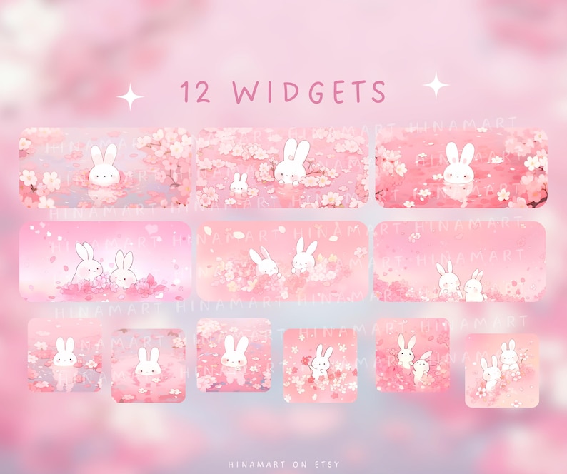 May include: A set of 12 pink widgets, each displaying a white bunny design surrounded by cherry blossoms. The widgets have a soft, pastel appearance, with the text "12 WIDGETS" in pink.