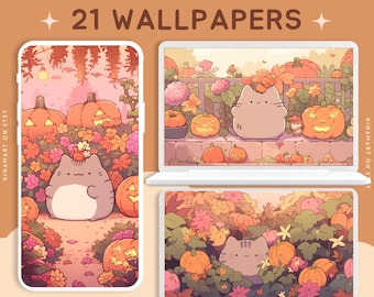 Pumpkin cats wallpaper kawaii autumn wallpaper halloween desktop wallpaper spooky wallpaper cozy screensaver background phone fall wallpaper