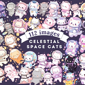 Celestial Space Cats Clipart Bundle, Cute Animal PNG Graphics, Cosmic Galaxy, Kitten Stickers, Instant Digital Download, Commercial Use
