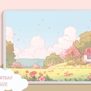 May include: A digital illustration of a pastel-colored landscape with a small house, trees, and flowers. The sky is light blue with fluffy white clouds and pink flower petals falling from the sky. The house is white with a red roof and a small window. The trees are green and the flowers are pink. The grass is green and there are pink flower petals scattered on the ground.