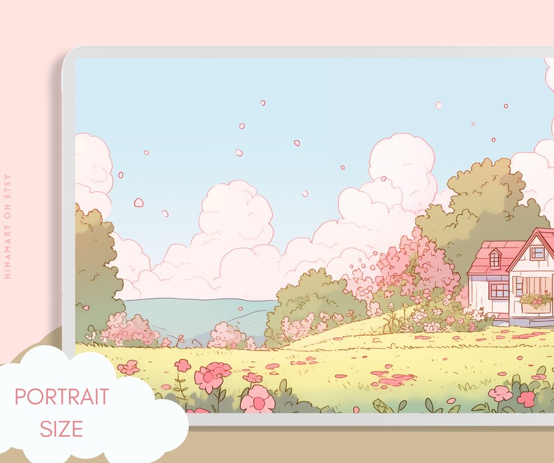 May include: A digital illustration of a pastel-colored landscape with a small house, trees, and flowers. The sky is light blue with fluffy white clouds and pink flower petals falling from the sky. The house is white with a red roof and a small window. The trees are green and the flowers are pink. The grass is green and there are pink flower petals scattered on the ground.