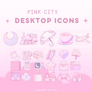 Pink City Desktop Icons Set Cute Desktop Organizer-pictogrammen Mappen Kawaii roze esthetische achtergrond Windows Mac-pictogrammen animemeisje paarse pictogrammen