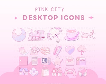 Pink City Desktop Icons Set Cute Desktop Organizer Icons Folders Kawaii pink aesthetic wallpaper Windows Mac Icons anime girl purple icons