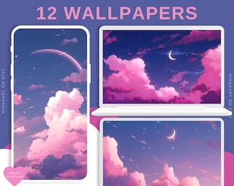 Dunkel rosa Wolken Wallpaper Lofi Himmel Wallpaper anime Wallpaper 4k Wallpaper ästhetische Desktop-Hintergrund kawaii niedliche Wallpaper Wolken Sterne