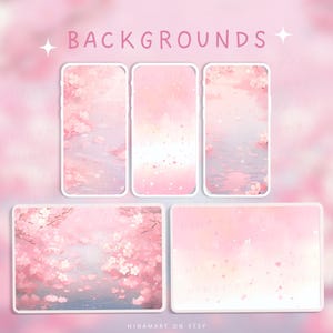 May include: Five digital backgrounds in shades of pink, featuring cherry blossom designs. The image includes layouts suitable for phones and tablets. The word "BACKGROUNDS" is written in pink at the top. The backgrounds have a watercolour style.