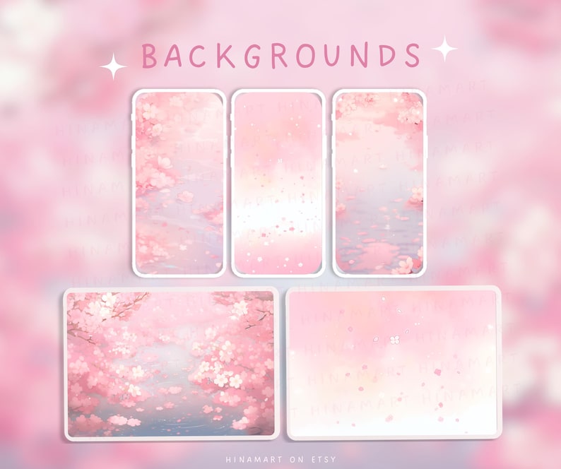 May include: Five digital backgrounds in shades of pink, featuring cherry blossom designs. The image includes layouts suitable for phones and tablets. The word "BACKGROUNDS" is written in pink at the top. The backgrounds have a watercolour style.