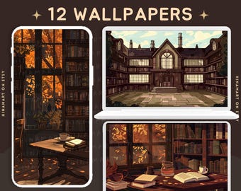 May include: Digital wallpapers featuring cozy library scenes and a grand building exterior. The images are displayed on a phone, laptop, and tablet, showcasing the variety of backgrounds available. The text "12 WALLPAPERS" is at the top.