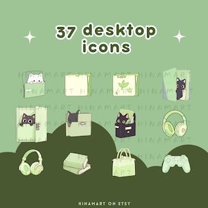 May include: A set of 37 green and black desktop icons featuring cats, books, headphones, a shopping bag, and a video game controller. The text "37 desktop icons" is at the top of the image.