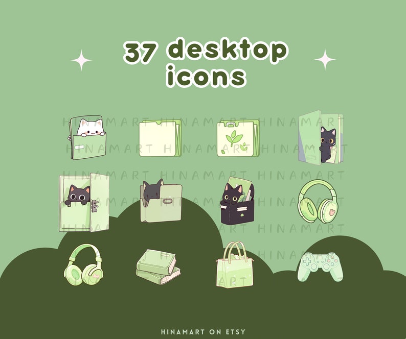 May include: A set of 37 green and black desktop icons featuring cats, books, headphones, a shopping bag, and a video game controller. The text "37 desktop icons" is at the top of the image.