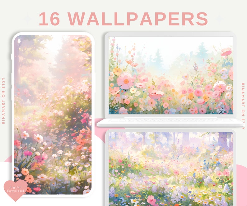 May include: A set of 16 digital wallpapers featuring a field of pink, white, and yellow flowers with a soft, dreamy aesthetic. The flowers are in a field with trees in the background. The wallpapers are perfect for adding a touch of nature to your digital devices.
