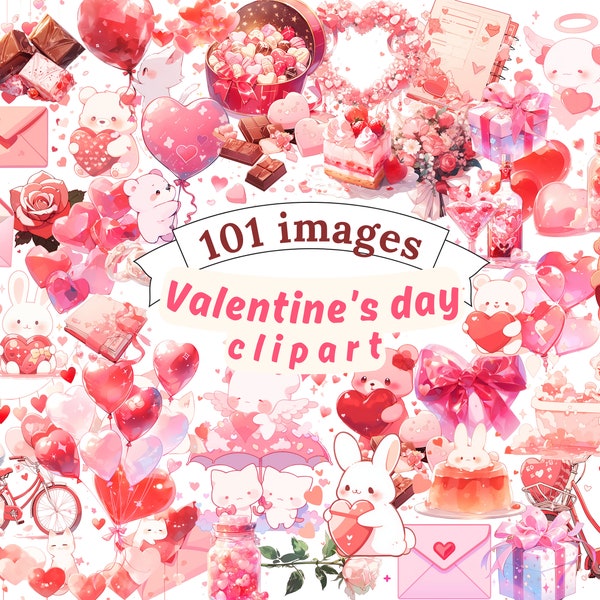 Kawaii Valentines Clipart Watercolor Bundle, PNG Romantic Images, Sweet Cute Love Graphics, Hearts, Instant Digital Download, Commercial Use