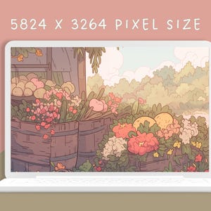 May include: A digital illustration of a countryside scene with a wooden stand filled with fruit and flowers. The stand is surrounded by lush greenery and a bright blue sky with fluffy clouds. The image is 5824 x 3264 pixels.