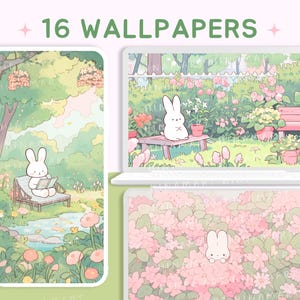 May include: Digital wallpapers featuring a cute bunny in a garden setting. The wallpapers are displayed on a phone, laptop, and tablet, showcasing a variety of scenes with flowers and a bench. The text "16 WALLPAPERS" is displayed at the top.