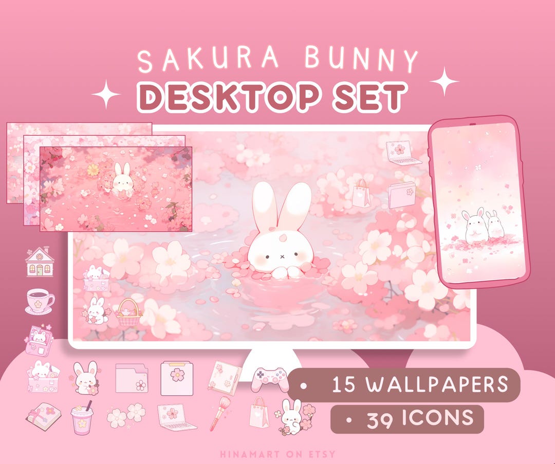 Sakura Bunny Lofi Desktop Set Wallpapers Icons Pink Cute Desktop Organizer  Kawaii Flowers Folder Background Windows Mac Bundlepack Aesthetic - Etsy, image size:1080x903