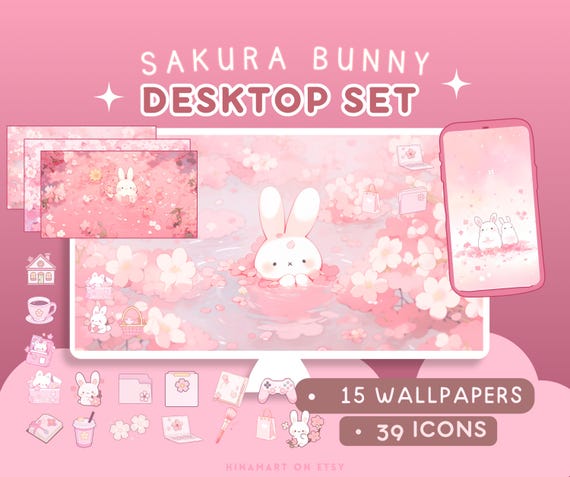 Sakura Bunny Lofi Desktop Set Wallpapers Icons Pink Cute Desktop Organizer Kawaii Flowers Folder Background Windows Mac BundlePack Aesthetic