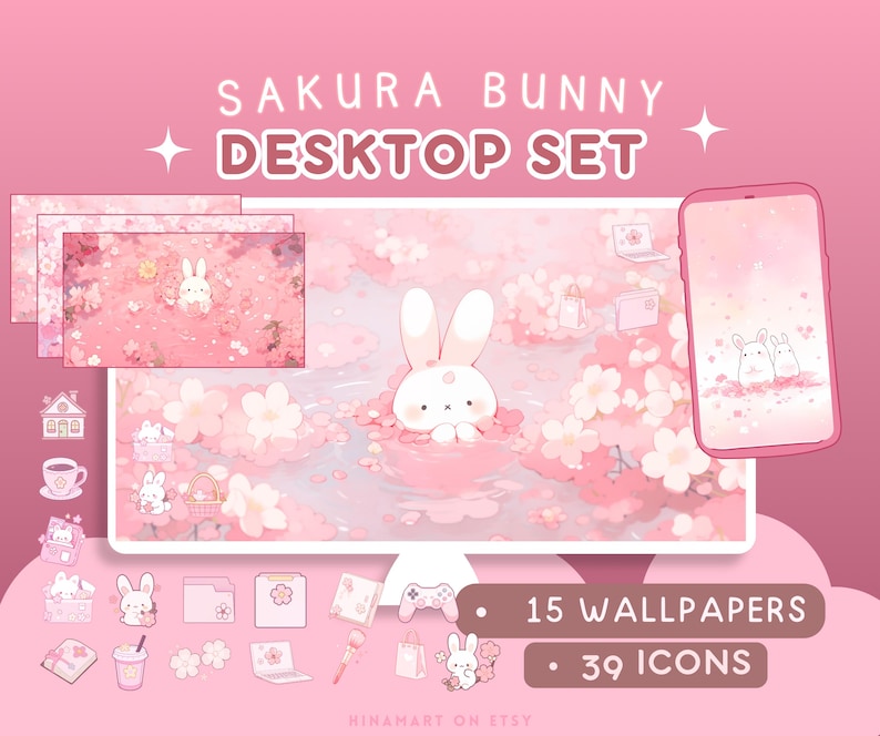 Sakura Bunny Lofi - Conjunto de fondos de pantalla para escritorio, iconos, organizador de escritorio rosa, flores kawaii, carpeta, fondo, paquete estético para Windows y Mac imagen 1