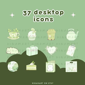 May include: A set of 37 green and white desktop icons featuring cute illustrations of a teacup, a potted plant, a trash can, a teapot, a cat, a suitcase, a heart, a clipboard, a globe, a slice of cake, a cat in a folder, and a shopping bag. The icons are designed in a minimalist style with a soft color palette.