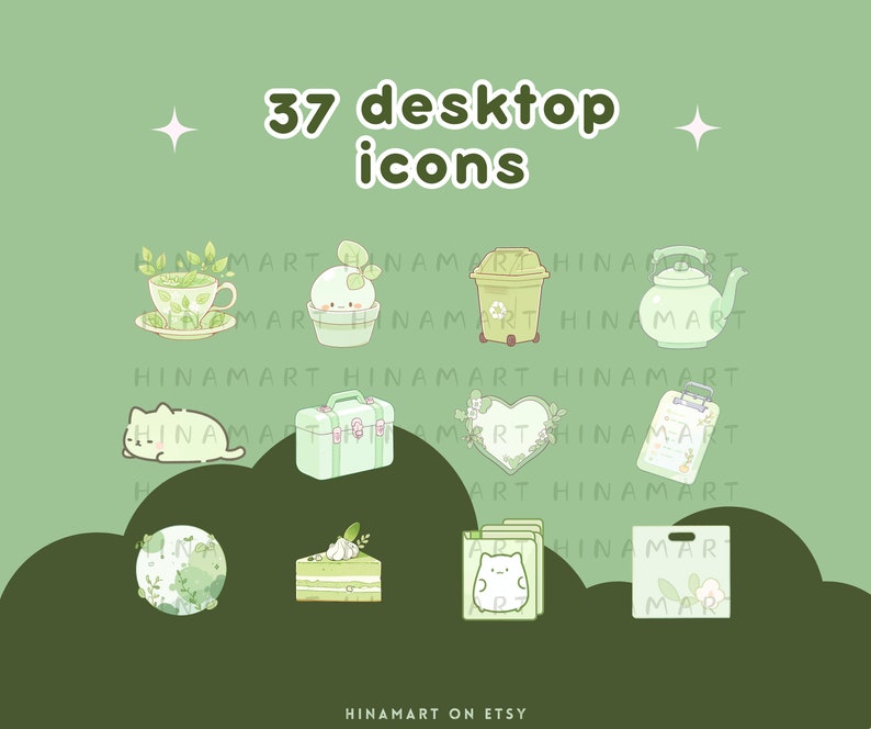 May include: A set of 37 green and white desktop icons featuring cute illustrations of a teacup, a potted plant, a trash can, a teapot, a cat, a suitcase, a heart, a clipboard, a globe, a slice of cake, a cat in a folder, and a shopping bag. The icons are designed in a minimalist style with a soft color palette.