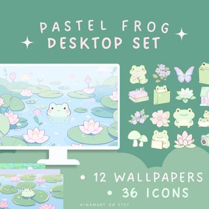 Cute pastel frog desktop set aesthetic wallpapers icons frog desktop organizer windows mac icons folders  kawaii matcha desktop bundle pack