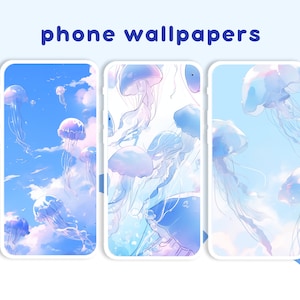 May include: Three phone wallpapers featuring a blue sky with white clouds and jellyfish in shades of blue and pink. The text "HINAMART ON ETSY" appears on the left and right sides of the image.