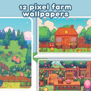 Puede incluir: Un conjunto de 12 fondos de pantalla digitales de estilo pixel art que representan una escena de granja con una pequeña casa, árboles, flores y pollos. Los fondos de pantalla están disponibles para descarga digital.
