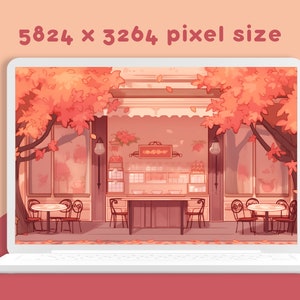 May include: A digital illustration of a shop front with two large trees with orange leaves. The shop front has a sign that reads "HINAMART ON ETSY". There are tables and chairs outside the shop front.
