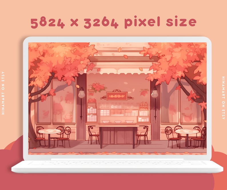 May include: A digital illustration of a shop front with two large trees with orange leaves. The shop front has a sign that reads "HINAMART ON ETSY". There are tables and chairs outside the shop front.