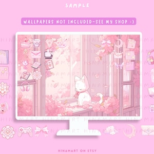 以下が含まれることがあります： ピンクのコンピュータモニターに、白い猫が窓際に座っています。モニターはピンクの花やその他の装飾的な要素で囲まれています。モニターには「WALLPAPERS NOT INCLUDED-SEE MY SHOP :)」というテキストが表示されています。