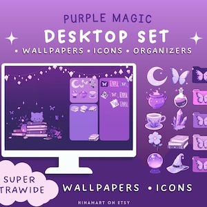 Purple Magic Butterfly Witch Cat Computer Desktop Organizer Set Wallpapers Icons Cats Background Cute Desktop Kawaii Folder Icon Aesthetic