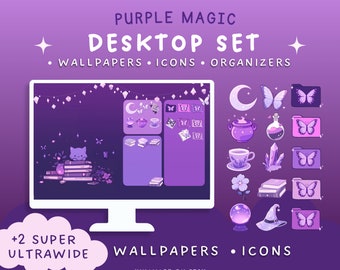 Purple Magic Butterfly Witch Cat Computer Desktop Organizer Set Wallpapers Icons Cats Background Cute Desktop Kawaii Folder Icon Aesthetic