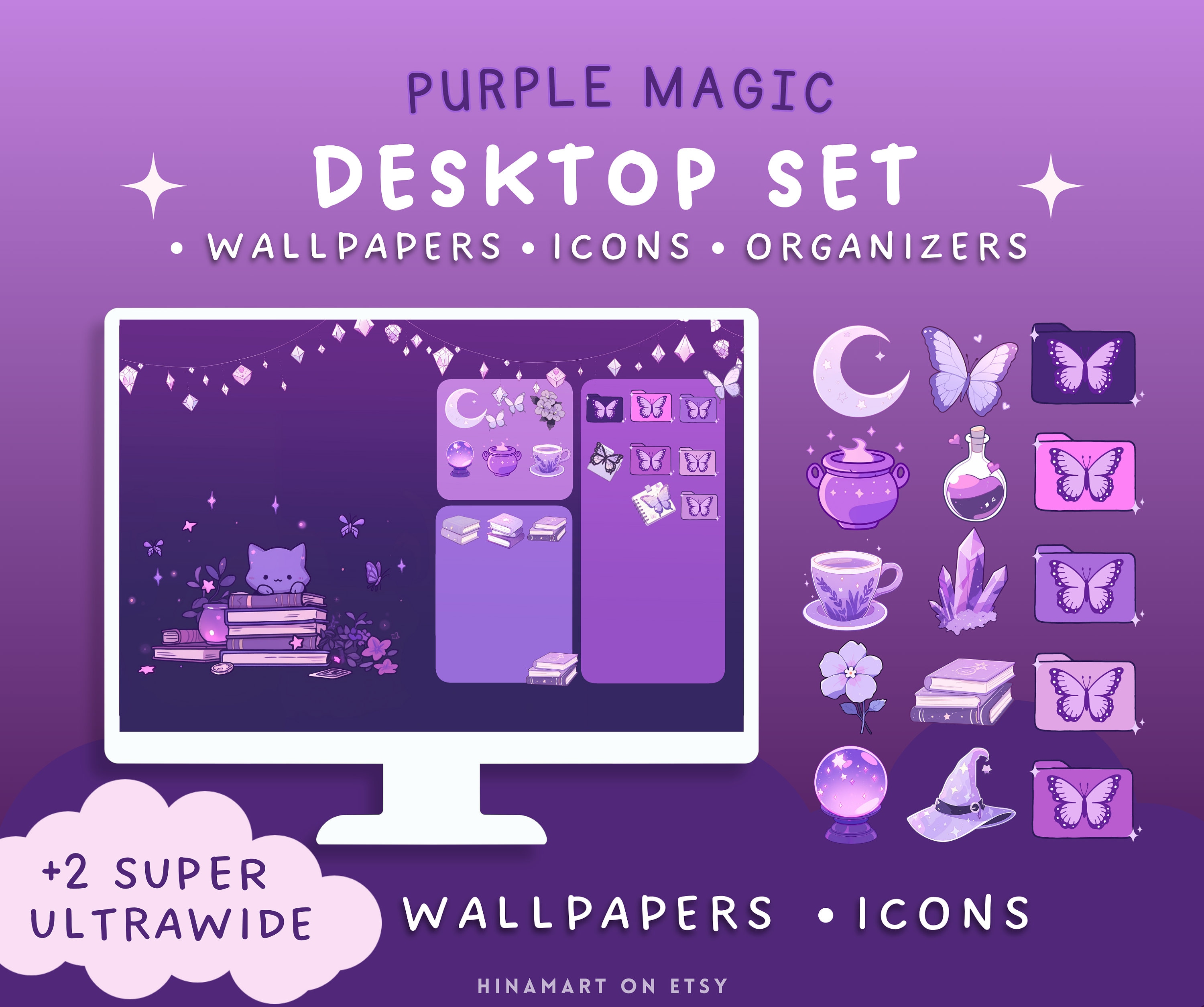 Purple Magic Butterfly Witch Cat Computer Desktop Organizer Set