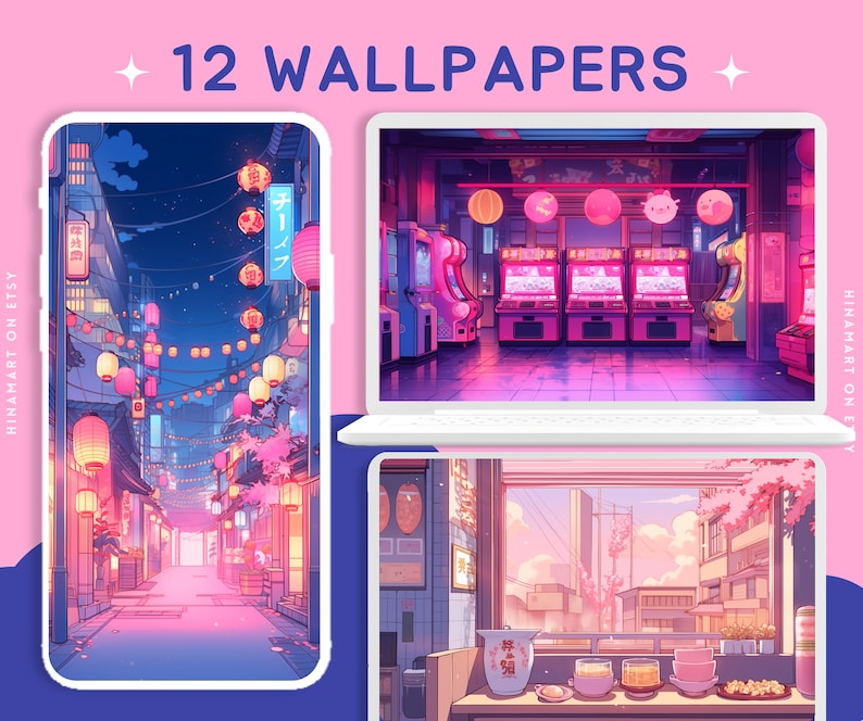 May include: A set of 12 digital wallpapers featuring a Japanese city street scene at night with pink and blue lights, a retro arcade with neon lights, and a cafe with a view of a city skyline.