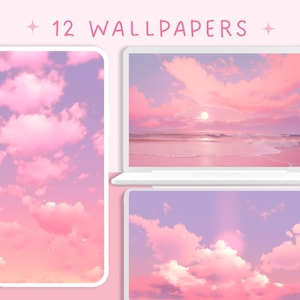 May include: A set of 12 digital wallpapers featuring a pink and purple sky with clouds and a sun setting over the ocean. The wallpapers are ideal for adding a touch of whimsy and serenity to your phone or computer.