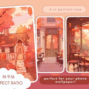 May include: Three digital illustrations of autumn scenes. The first image shows a house with a porch and steps, surrounded by autumn foliage. The second image shows a cafe with a door and tables and chairs outside. The third image shows a cafe interior with a window and tables and chairs. All three images are in a 9:16 aspect ratio and are 6 inches in portrait size.