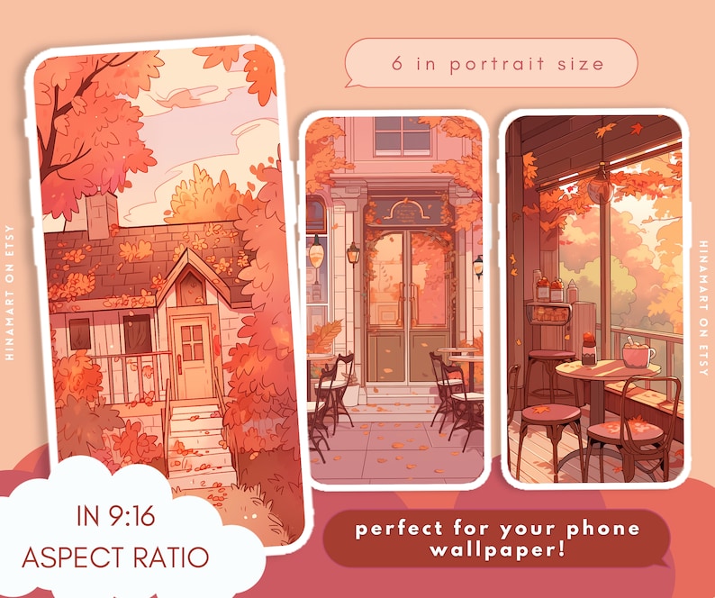 May include: Three digital illustrations of autumn scenes. The first image shows a house with a porch and steps, surrounded by autumn foliage. The second image shows a cafe with a door and tables and chairs outside. The third image shows a cafe interior with a window and tables and chairs. All three images are in a 9:16 aspect ratio and are 6 inches in portrait size.