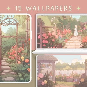 May include: A set of 15 digital wallpapers featuring a whimsical garden scene with a stone path, flowers, and a small wooden house. The wallpapers are perfect for adding a touch of charm to your phone or computer screen.