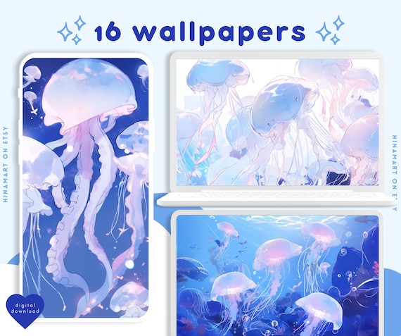 Lofi Blue Jellyfish Sea Wallpapers Pack Y2k Aesthetic Wallpaper Kawaii Ocean Whimsical Wallpaper Anime Desktop Clouds Sky Wallpaper Digital Etsy