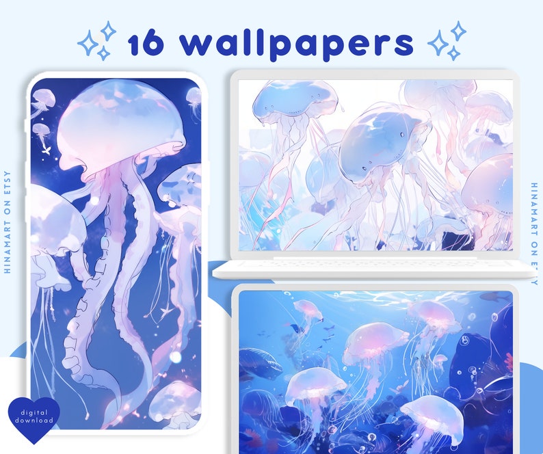 May include: A digital download of 16 phone wallpapers featuring a blue and pink jellyfish theme. The wallpapers feature a variety of jellyfish in different poses and with different backgrounds. The text "HINAMART ON ETSY" is visible on the left side of the image. The text "16 wallpapers" is visible at the top of the image.