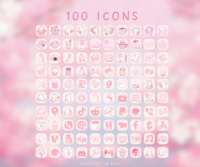 May include: A set of 100 pink and white app icons featuring illustrations of bunnies, flowers, and food. The text "100 Icons" is at the top. The background is a soft, blurred pink.