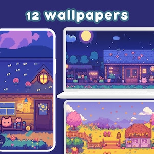 May include: A set of 12 digital wallpapers in a pixel art style, featuring charming houses, flowers, and animals in a range of pastel colours. These wallpapers are ideal for adding a touch of whimsy to your phone or computer.