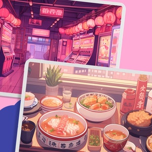 May include: A colourful illustration of a Japanese restaurant interior with a variety of dishes, including bowls of ramen, dumplings, and other Asian cuisine. The restaurant is decorated with traditional Japanese lanterns and signs.