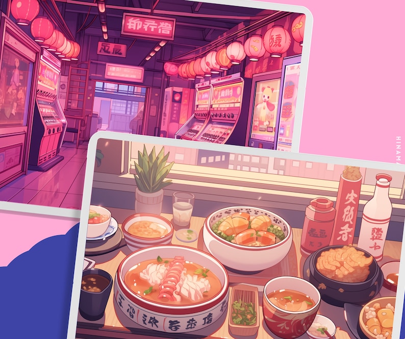 May include: A colourful illustration of a Japanese restaurant interior with a variety of dishes, including bowls of ramen, dumplings, and other Asian cuisine. The restaurant is decorated with traditional Japanese lanterns and signs.