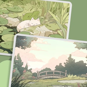 May include: A white cat naps on a rock in a lush green garden setting. The cat is curled up with its head resting on its paws. The garden is filled with green leaves and plants.